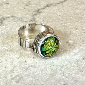 Artisan dichroic glass and sterling silver and copper ring, crafted by hand.